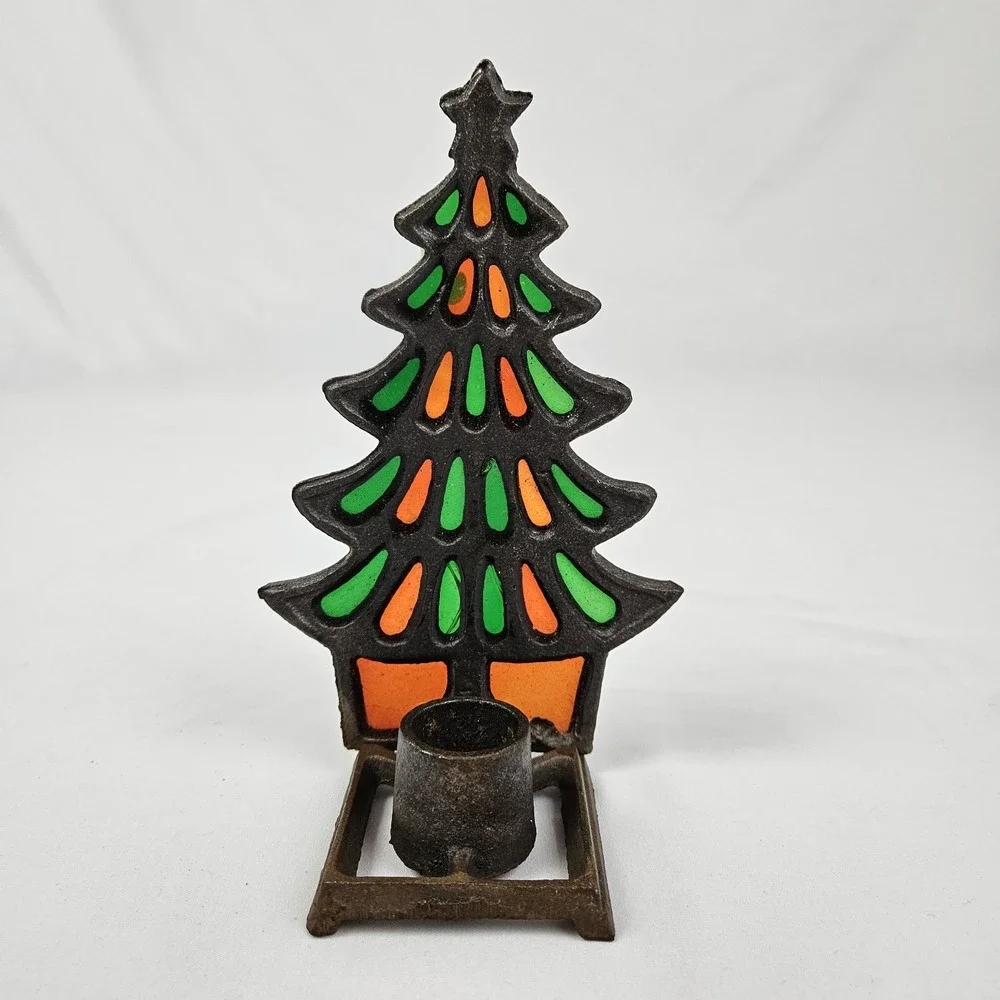 Vintage Cast Iron Glo-Candle Holder Stained Glass Tiffany Style 1977 Christmas